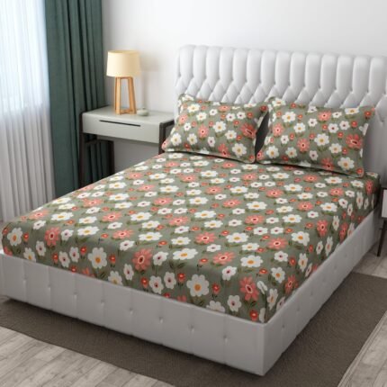 Premium Cute Floral Grey Color Printed Elastic fitted Cotton King Size Bedsheets with 2 Pillow cover |by Supreme Home collective