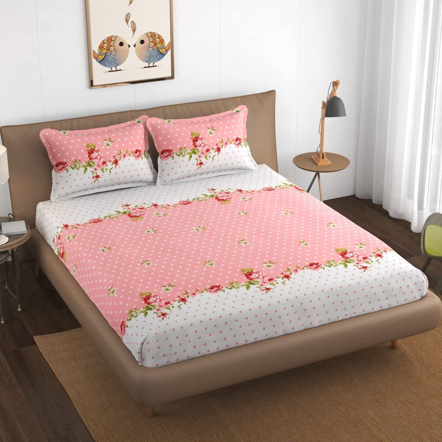 1 (12) Beautiful Pink Roses Printed Elastic Fitted Cotton King size Bedsheets with 2 Pillow covers |by Supreme Home Collective - Image 1
