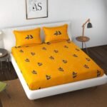 Yellow Sparkle Leaf Printed  Elastic Fitted king size Bedsheet with Pillow covers |by Supreme Home Collective