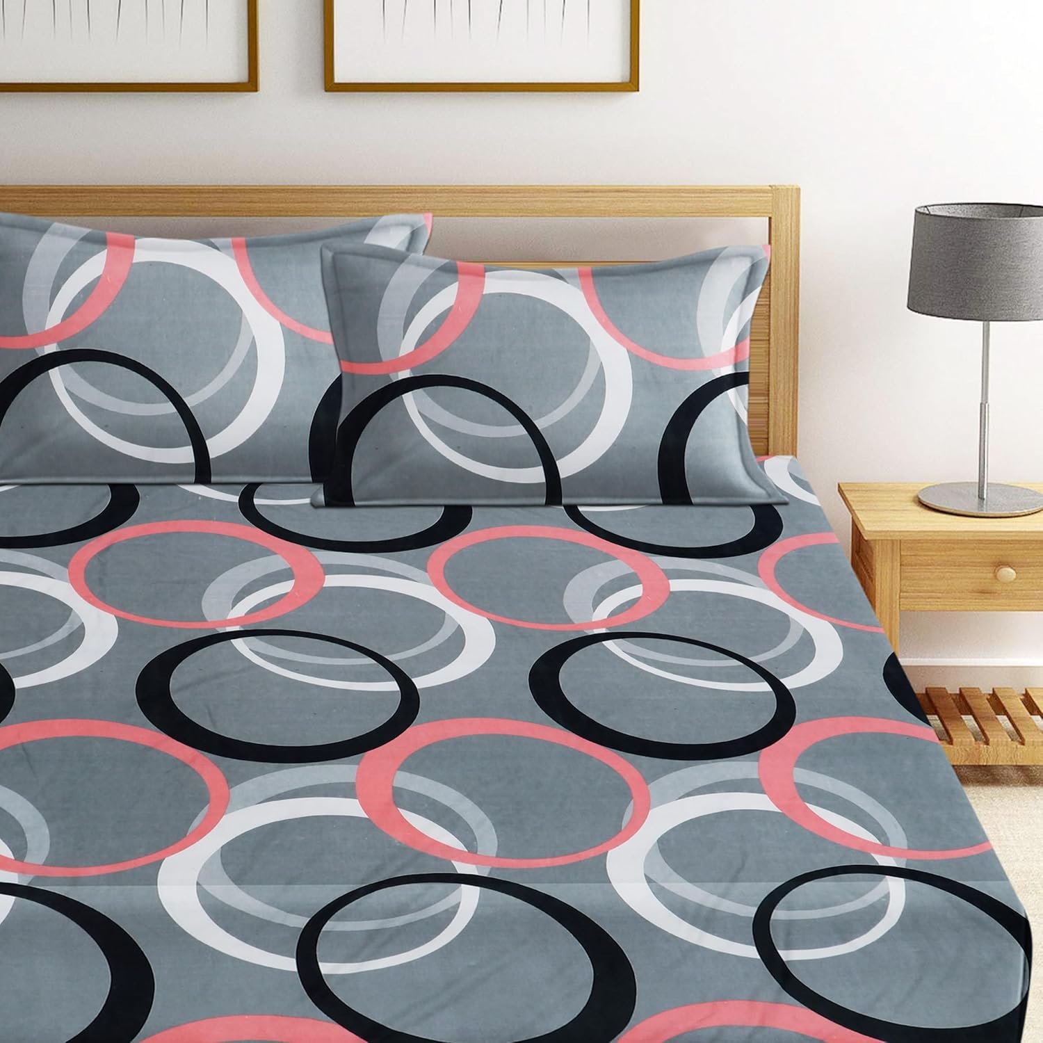 2_29 Grey Circle 360 Degree Elastic Fitted king size Bedsheet with Pillow cover |by Supreme Home Collective - Image 1