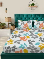 Premium Orange leaf printed Elastic fitted Cotton King size Bedsheet with 2 Pillow covers |by Supreme Home Collective