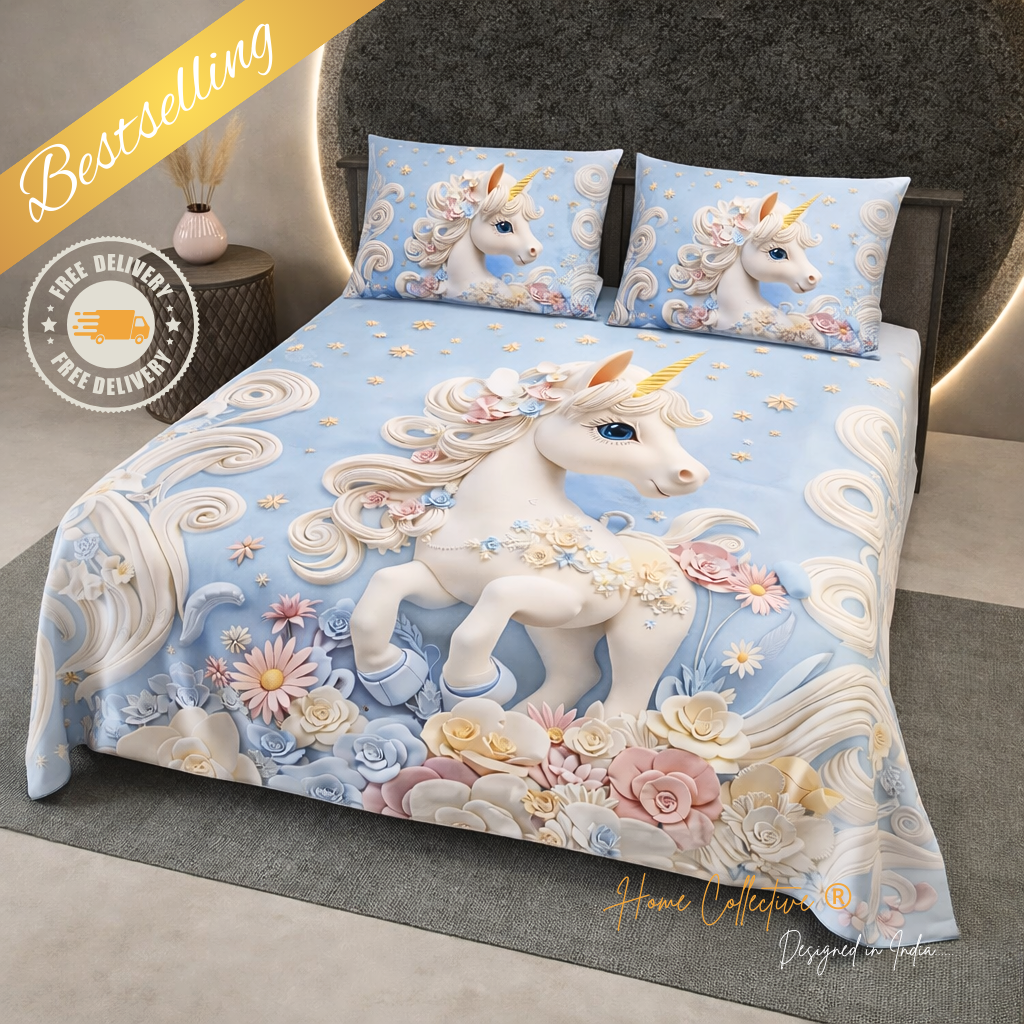 3 Dreamy Unicorn Floral 7D Digital Printed Bedsheet ( Buy 1 Get 1 Free ) - Image 1