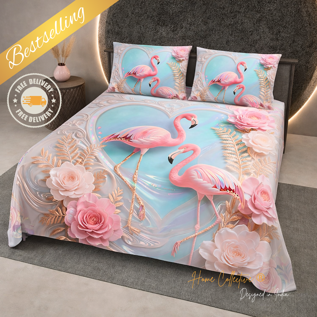 4 7D Digital Printed Beautiful Pink Flamingo Bedsheets (Buy 1 Get 1 Free) - Image 1