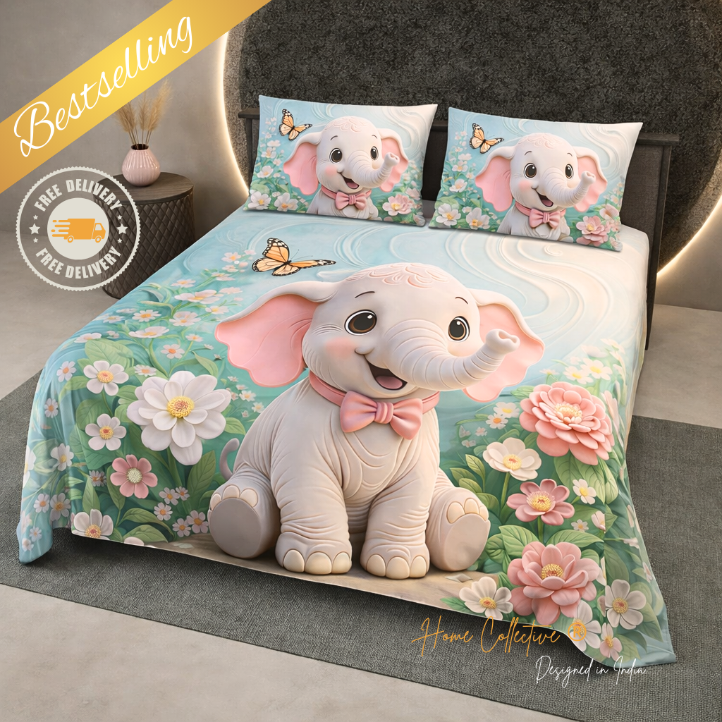 6 7D Digital Printed Cute Little Elephant Baby Bedsheet (Buy 1 Get 1 Free ) - Image 1