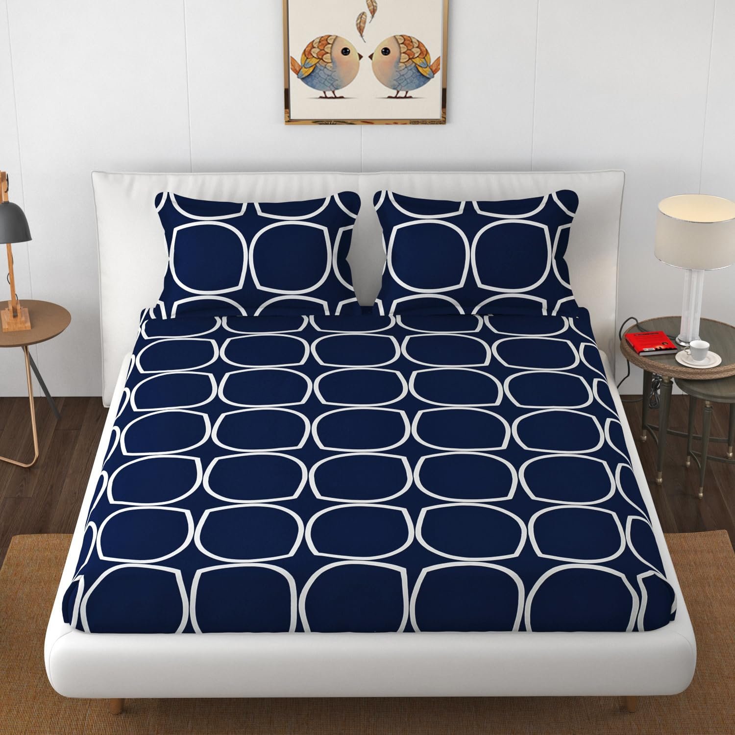 7114bZFmpPL._SL1500 (1) Blue leaf Pattern Cotton Elastic Fitted Bedsheet & Pillow cover set |by Supreme Home Collective - Image 1