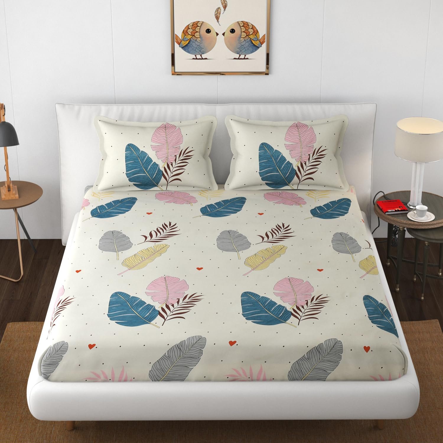 71ELNSJgIRL._SL1500 Magical Feathers Printed Cotton Elastic Fitted Cotton king size Bedsheets with Pillow covers |by Supreme Home Collective - Image 1