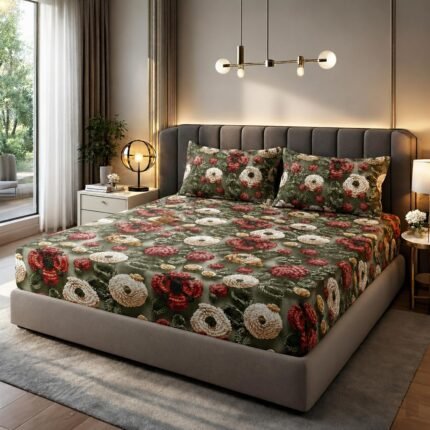Designer 7D King size Green Floral Elastic Fitted 360 Degree Bedsheet with 2 Pillow covers |by Supreme Home Collective