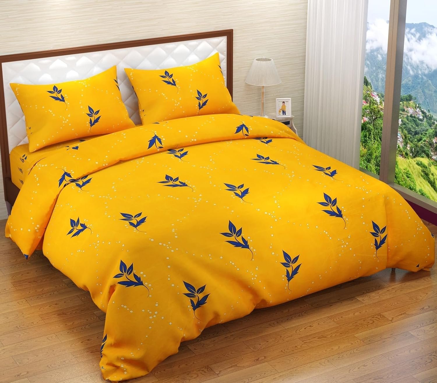 71oqCCROtfL._SL1500 Premium Cotton 210 TC Leaf Printed Flat Queen size Bedsheets with 2 Pillow Covers | by Supreme Home Collective - Image 1