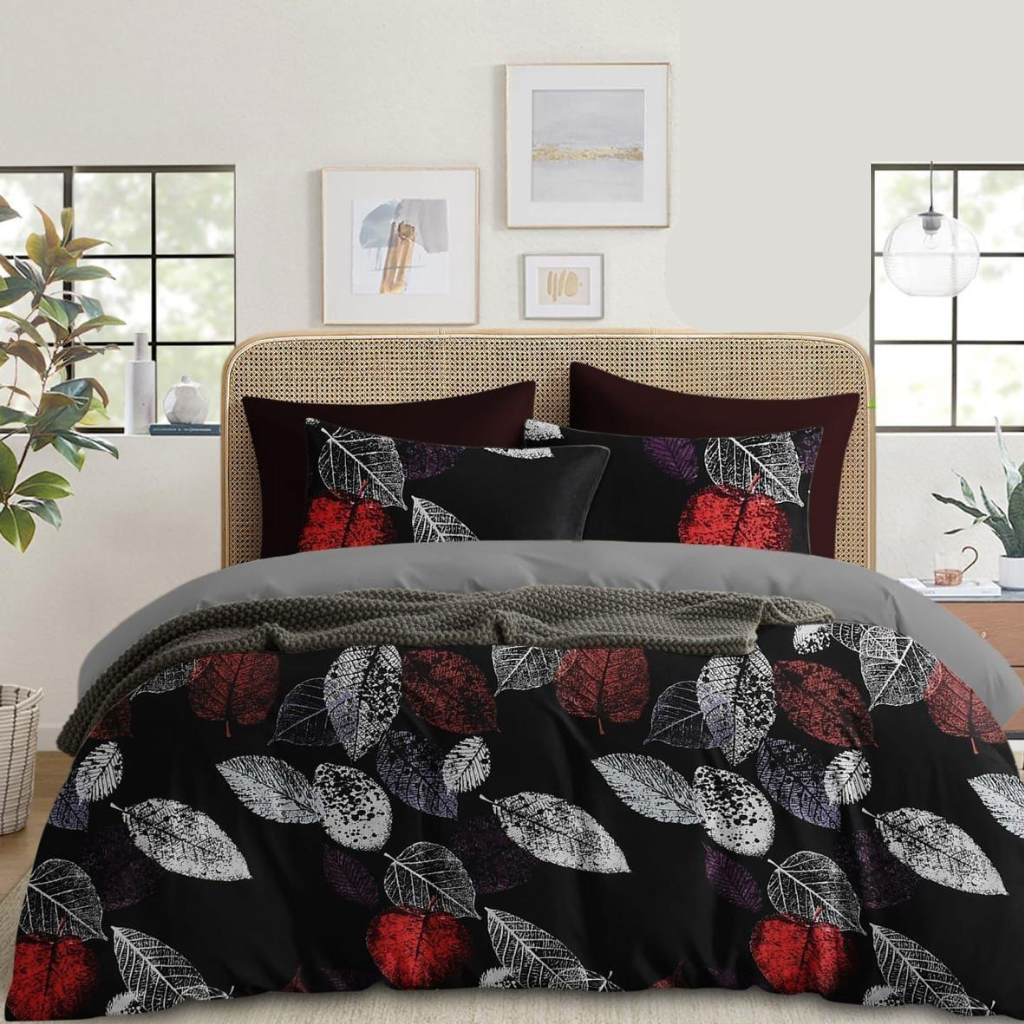 8025_0c75a777-deef-4e88-a225-4a48022f27ba Black Painted leaf Pattern | 210 Tc Cotton Queen size Bedsheet set (Buy 1 Get 1 Free ) - Image 1