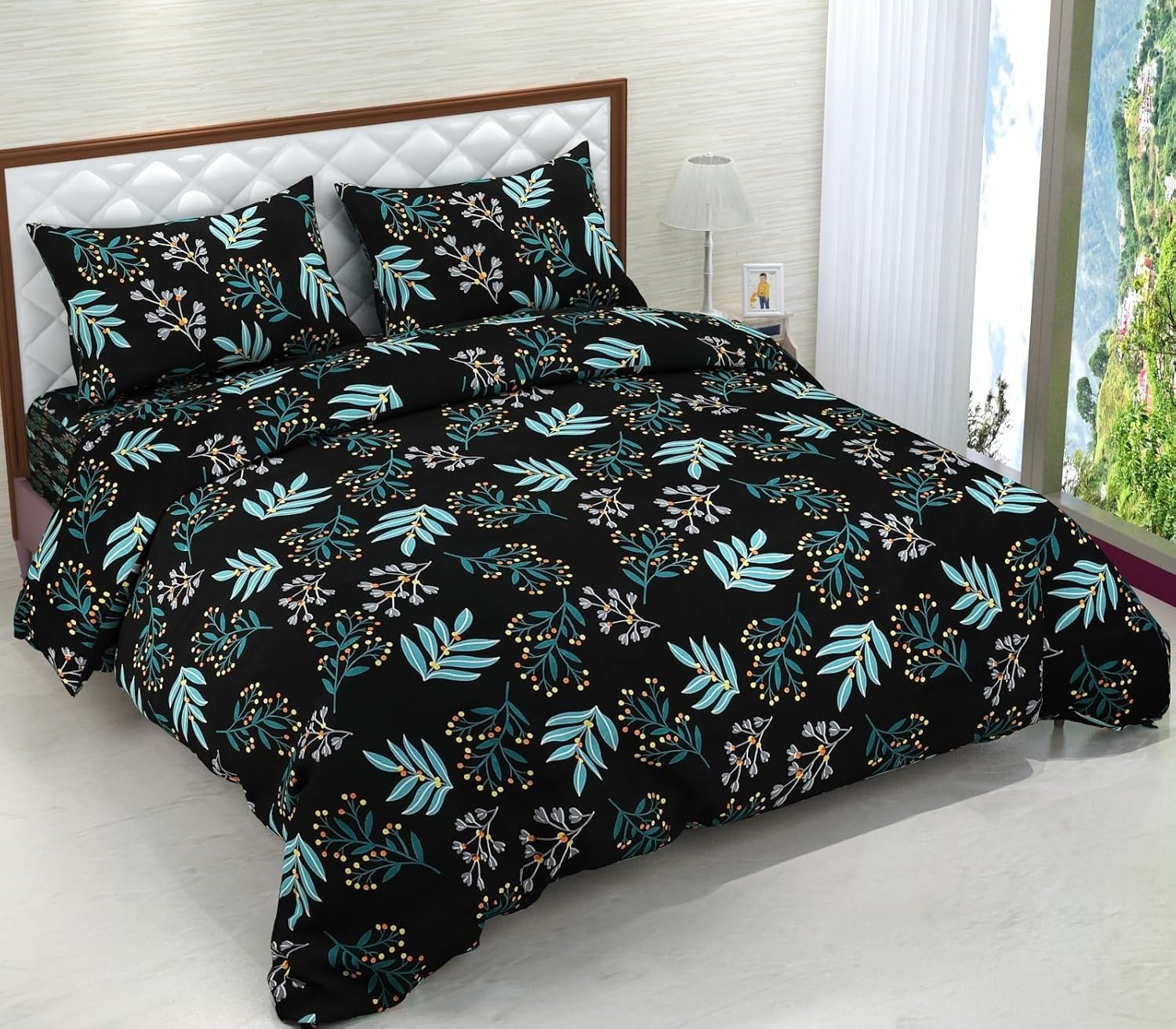 81DkHN8TcjL._SL1500 Green Tropical Leaves Printed |210Tc Cotton Queen size Bedsheet set (Buy 1 Get 1 Free) - Image 1