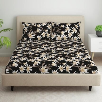 Black Premium Floral Cotton Printed Elastic Fitted Bedsheets with Pillow covers |by Supreme Home Collective
