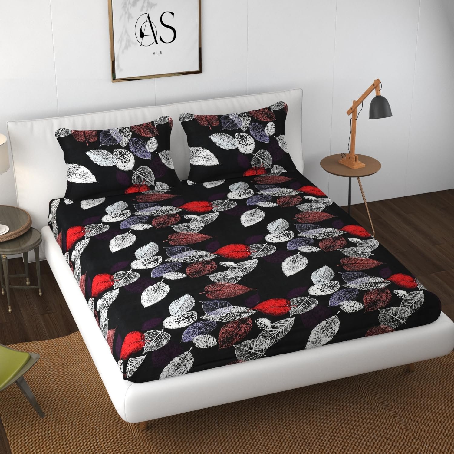 81YysmM-79L._SL1500 Premium Abstract Red & white leaf Printed Cotton Elastic Fitted Bedsheets with Pillow case |by Supreme Home Collective - Image 1