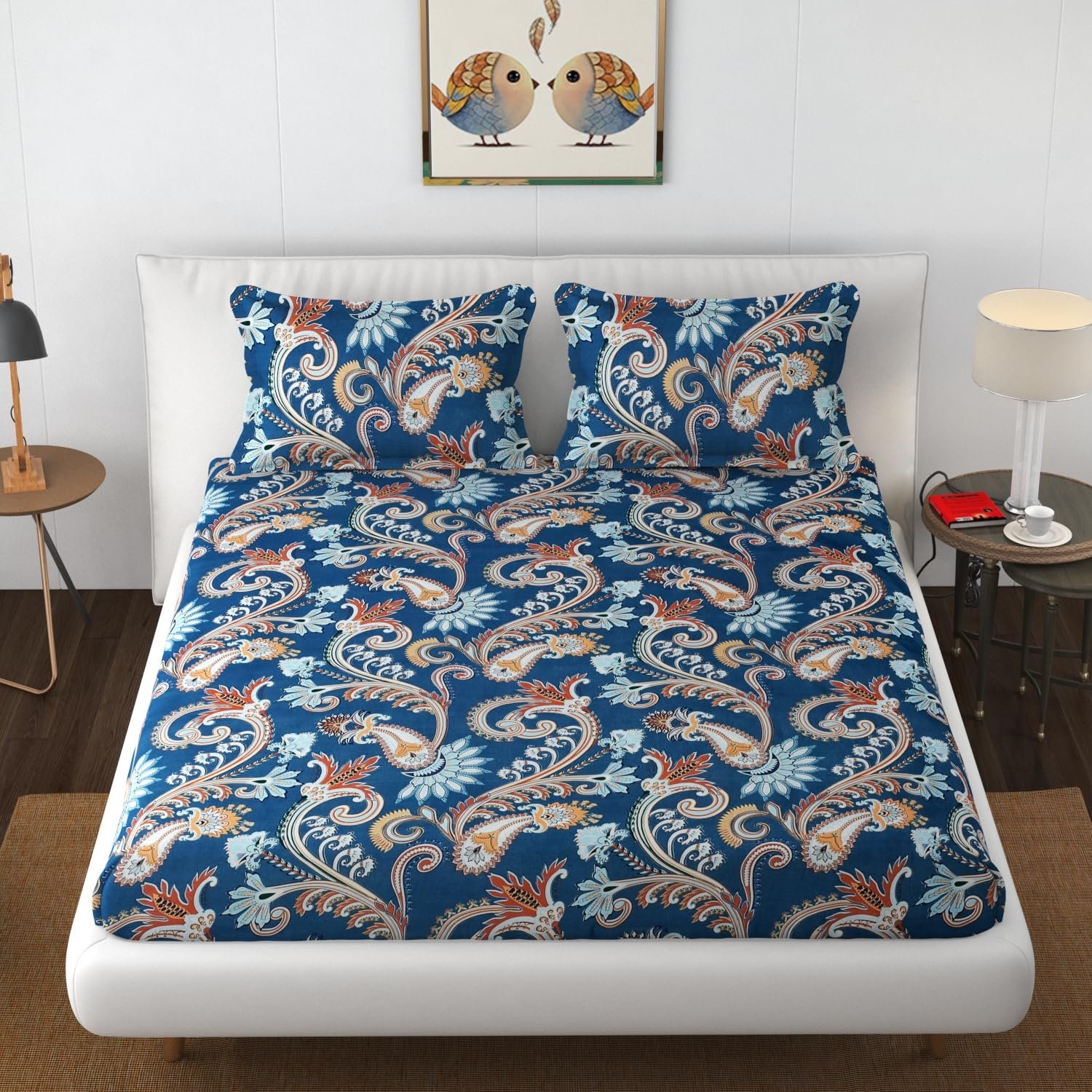 81gTXMv5brL._SL1500 Blue Paisley Design Premium Cotton Fitted Bedsheets with Pillow covers |by Supreme Home Collective - Image 1