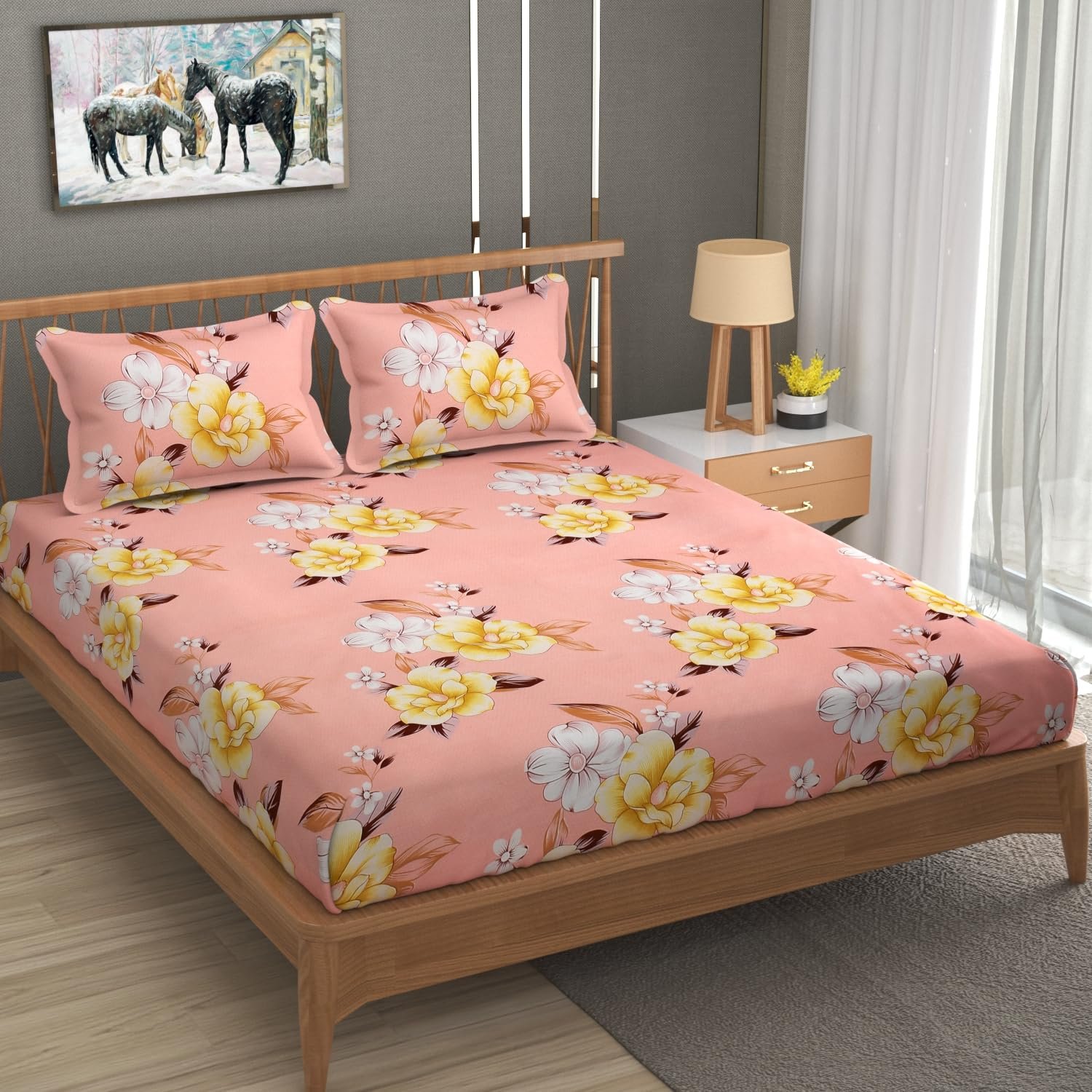 81lJjU8x7dL._SL1500 Pink Floral Printed Cotton Elastic Fitted Cotton king size Bedsheets with Pillow Covers |by Supreme Home Collective - Image 1