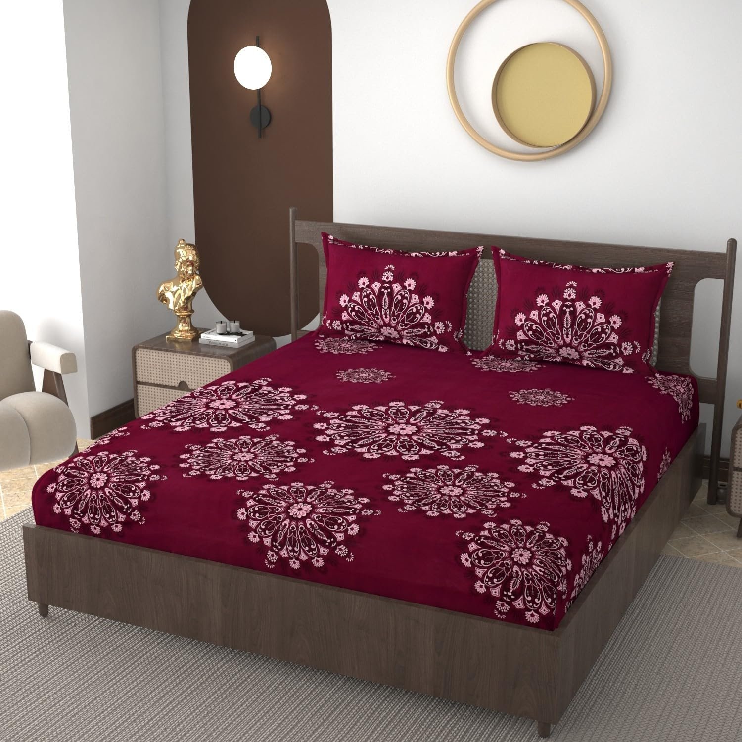 81t4VIX3tcL._SL1500 Maroon Mandala Printed Cotton Elastic Fitted Bedsheets with Pillow case |by Supreme Home Collective - Image 1
