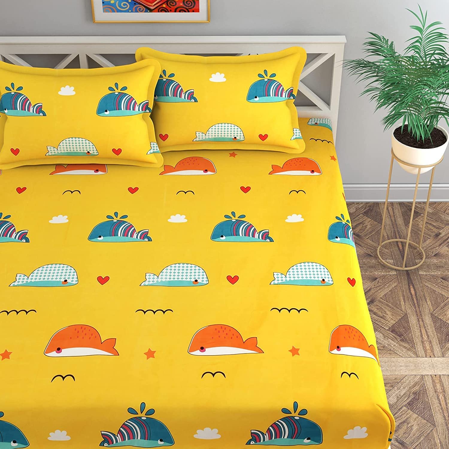 Fitted-000414 Kids Fish Character Printed Cotton Elastic Fitted King size Bedsheets with Pillow covers |by Supreme Home Collective - Image 1