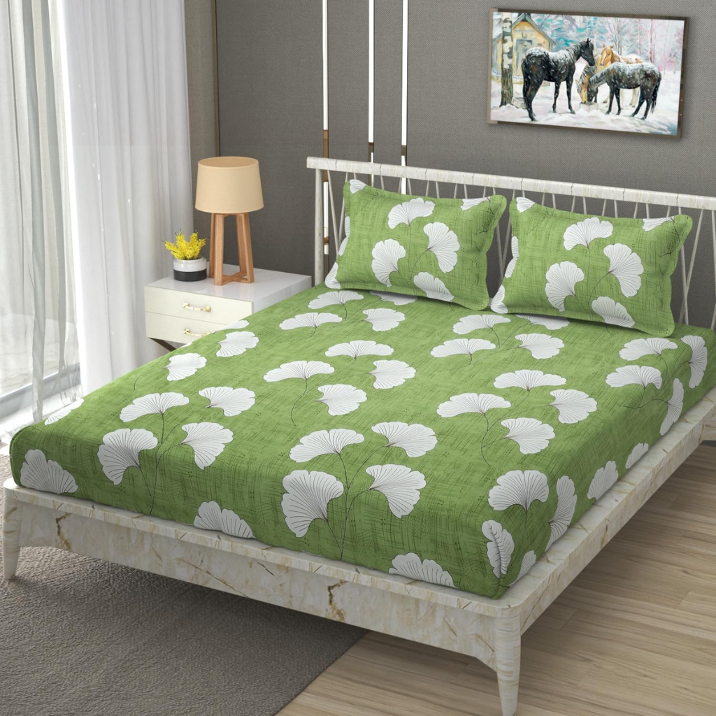 Fitted bedsheets (11) Premium Elastic Fitted Green Tropical Leaf printed king size Bedsheet with 2 Pillow cover |by Supreme Home Collective - Image 1
