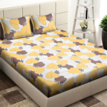 Premium Elastic Fitted Yellow Leaf Printed king size Cotton Bedsheets with 2 Pillow covers |by Supreme Home collective