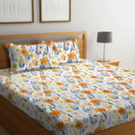 Premium Elastic Fitted Orange Floral Printed King size Bedsheet with 2 Pillow covers |by Supreme Home Collective