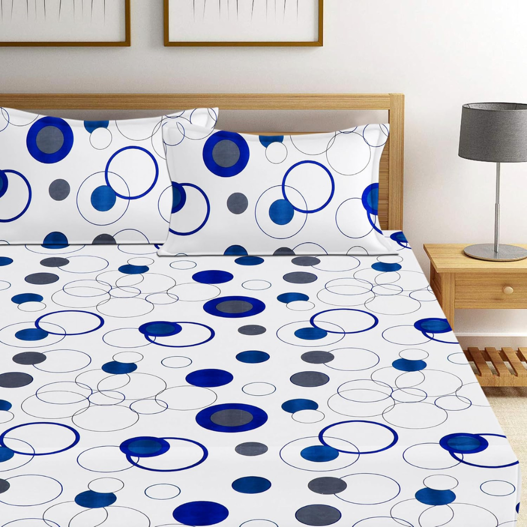 HomeCollectiveIndia_7_9d686cab-ddf2-4a76-ad45-3209e2ca43e6 White Blue Circle Printed cotton Elastic Fitted Bedsheets with Two Pillow covers |by Supreme Home Collective - Image 1