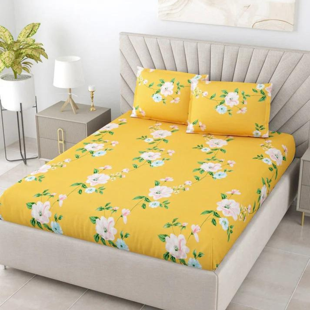 Untitled design (8) Premium Elastic Fitted Yellow Floral Cotton King size Bedsheet with 2 Pillow covers |by Supreme Home collective - Image 1